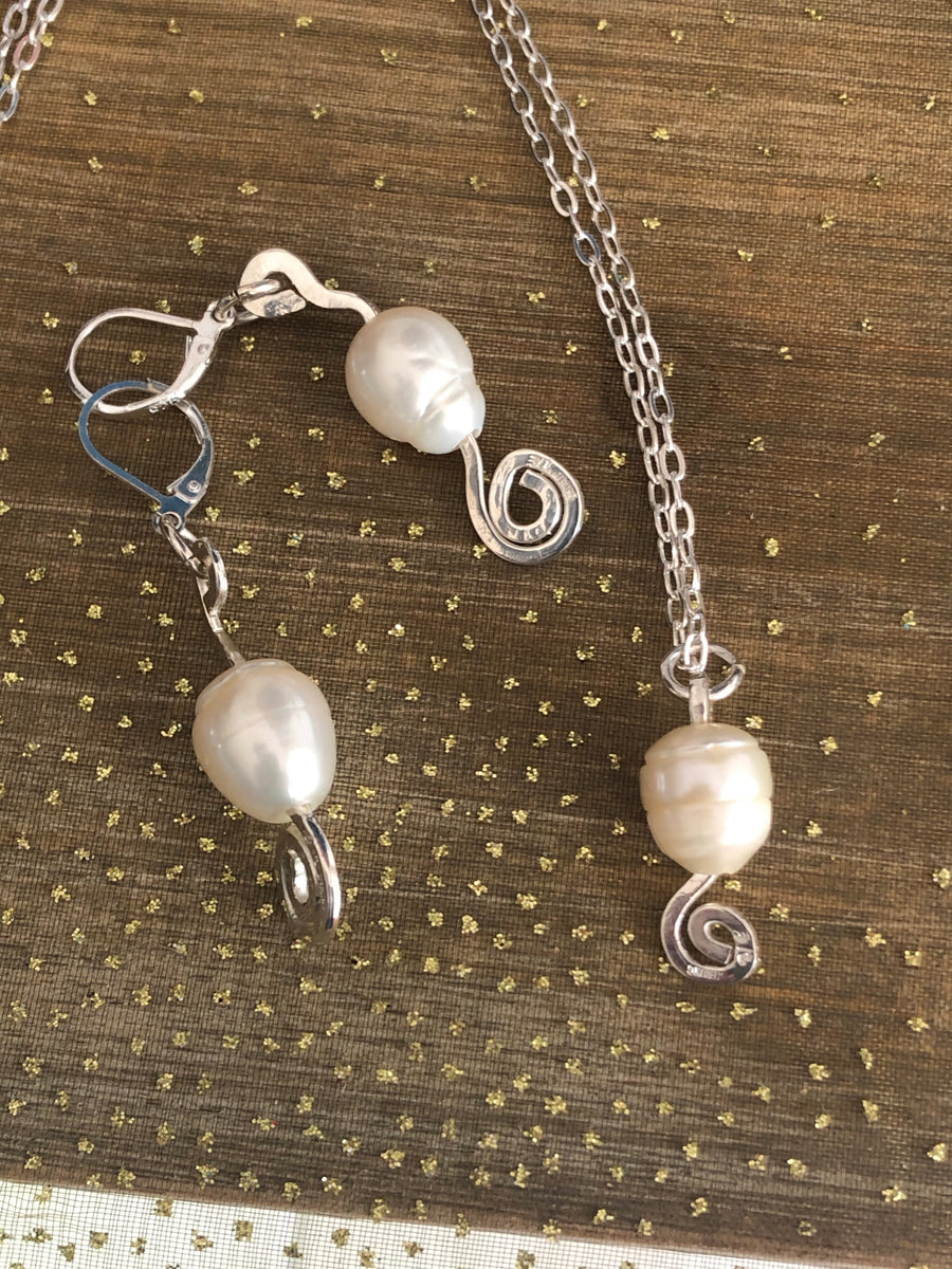 Silver Pearl Earrings matching Pendant
